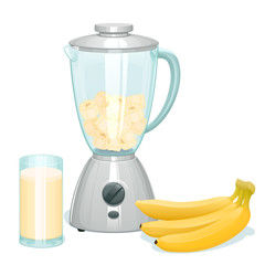 свежие желтые нарезанные бананы в стеклянной чаше блендера, рядом лежит гроздь бананов и стоит стакан с 

банановым коктейлем
