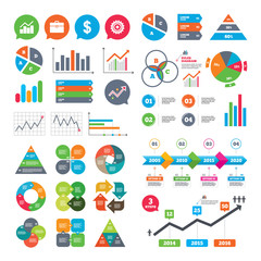 Business charts. Growth graph. Business icons. Graph chart and case signs. Dollar currency and gear cogwheel symbols. Market report presentation. Vector