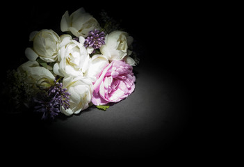 Bouquet of flowers on black background. Bridal bouquet. Wedding invitation card.