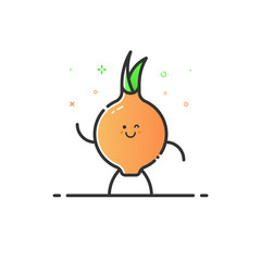 Vector illustration of funny bow character cartoon isolated in line style. Linear orange cute vegetable icon with face smile. Flat design banner web and mobile app Outline vegan expression