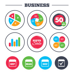Business pie chart. Growth graph. Calendar icons. September, March and December month symbols. Check or Tick sign. Date or event reminder. Super sale and discount buttons. Vector