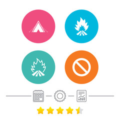 Tourist camping tent icon. Fire flame and stop prohibition sign symbols. Calendar, cogwheel and report linear icons. Star vote ranking. Vector