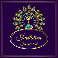 Wedding invitation or card with abstract background and inscription. Islam, Arabic, Indian, decoration with peacock jewels