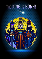 Fototapeta premium Stylized Biblical Christmas etude: three Wise Men are visiting the new King of Jerusalem Jesus Christ after His birth.