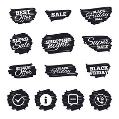 Fototapeta premium Ink brush sale stripes and banners. Check or Tick icon. Phone call and Information signs. Support communication chat bubble symbol. Black friday. Ink stroke. Vector
