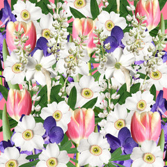 Beautiful floral background of lupine, daffodils, tulips and orchids Vanda