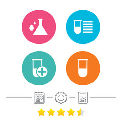Chemistry bulb with drops icon. Medical test signs. Laboratory equipment symbols. Calendar, cogwheel and report linear icons. Star vote ranking. Vector
