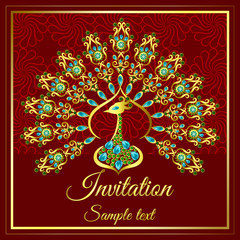 Wedding invitation or card with abstract background. Islam, Arabic, Indian, decoration with peacock in gold and jewels