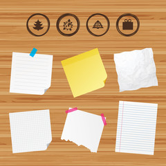 Business paper banners with notes. Happy new year icon. Christmas trees and gift box signs. World globe symbol. Sticky colorful tape. Vector