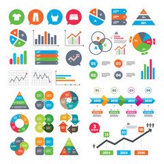 Business charts. Growth graph. Clothes icons. T-shirt and pants with shorts signs. Swimming trunks symbol. Market report presentation. Vector