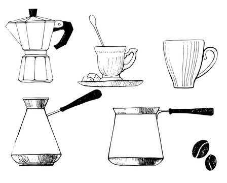 Set coffee dishes: coffee pot, traditional coffee pot, cups and coffee beans. For coffee house, restaurant menu.