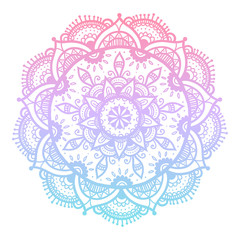 Colorful blue and pink flower mandala. Vintage decorative gradient element. Ornamental round doodle flower isolated on white background. Geometric circle element. Vector illustration.