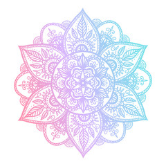 Colorful blue and pink flower mandala. Vintage decorative gradient element. Ornamental round doodle flower isolated on white background. Geometric circle element. Vector illustration.