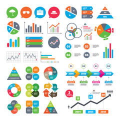 Business charts. Growth graph. Clothing accessories icons. Umbrella and sunglasses signs. Headdress hat with business case symbols. Market report presentation. Vector