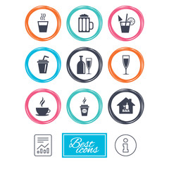 Cocktail, beer icons. Coffee and tea drinks. Soft and alcohol drinks symbols. Report document, information icons. Vector