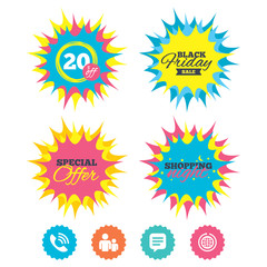 Shopping night, black friday stickers. Group of people and share icons. Speech bubble and round the world arrow symbols. Communication signs. Special offer. Vector