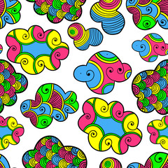 Fototapeta premium Cute hand drawn seamless pattern with clouds, drops and hearts. Vector illustration