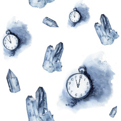 Watercolor seamless pattern with crystal of ice and vintage clock. Watercolor blue gem and pocket watch isolated on white background. Hand painted design elements. 