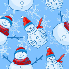 Vector seamless pattern. Christmas and winter theme. Snowmen.