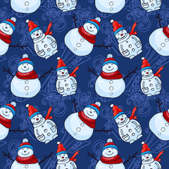 Vector seamless pattern. Christmas and winter theme. Snowmen.
