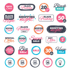 Sale shopping stickers and banners. Sale discount icons. Special offer stamp price signs. 10, 20, 25 and 30 percent off reduction symbols. Website badges. Black friday. Vector