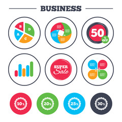 Business pie chart. Growth graph. Sale discount icons. Special offer stamp price signs. 10, 20, 25 and 30 percent off reduction symbols. Super sale and discount buttons. Vector