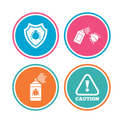 Bug disinfection icons. Caution attention and shield symbols. Insect fumigation spray sign. Colored circle buttons. Vector