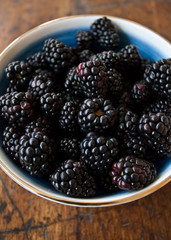 Fresh Blackberries in Blue and White Bowl