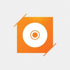 CD or DVD sign icon. Compact disc symbol. Orange square label on pattern. Vector