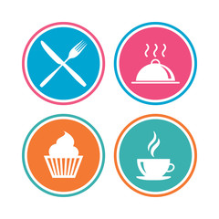 Food and drink icons. Muffin cupcake symbol. Fork and knife sign. Hot coffee cup. Food platter serving. Colored circle buttons. Vector