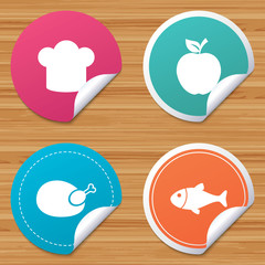 Round stickers or website banners. Food icons. Apple fruit with leaf symbol. Chicken hen bird meat sign. Fish and Chef hat icons. Circle badges with bended corner. Vector