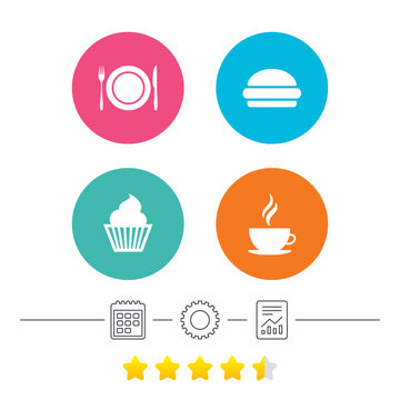 Food and drink icons. Muffin cupcake symbol. Plate dish with fork and knife sign. Hot coffee cup and hamburger. Calendar, cogwheel and report linear icons. Star vote ranking. Vector