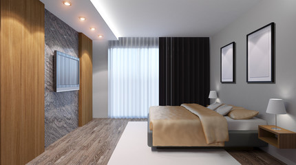 Bedroom house in the forest. 3d interior rendering.