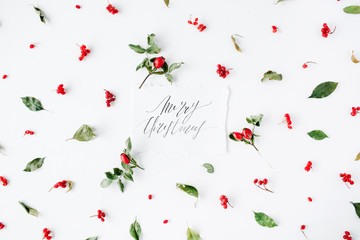 words merry christmas and minimal creative berry arrangement pattern on white. flat lay, top view. christmas background wallpaper.