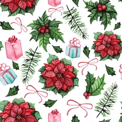 Fototapeten Watercolor Poinsettia, Holly and Gift Box Seamless Pattern © Nebula Cordata