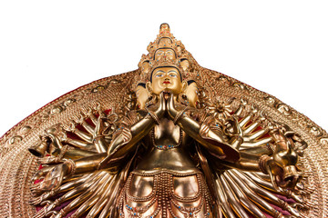 Avalokiteshvara - underside view. With thousand arms a bodkhisattva of an Avalokiteshvara - The statue made of bronze isolated on a white background.