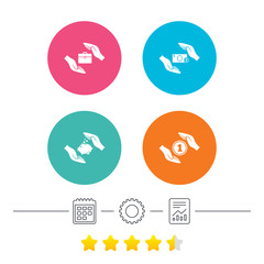 Hands insurance icons. Piggy bank moneybox symbol. Money savings insurance signs. Travel luggage and cash coin symbols. Calendar, cogwheel and report linear icons. Star vote ranking. Vector