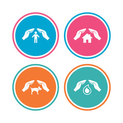 Fototapeta premium Hands insurance icons. Shelter for pets dogs symbol. Save water drop symbol. House property insurance sign. Colored circle buttons. Vector