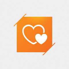 Hearts sign icon. Love symbol. Orange square label on pattern. Vector