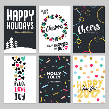 Christmas and New Year flat design greeting cards set. Hand drawn vector illustrations for greeting cards, website and mobile banners, marketing material. 