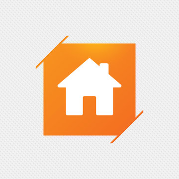 Home sign icon. Main page button. Navigation symbol. Orange square label on pattern. Vector