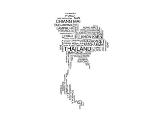 Typography map of Thailand with its provinces in English positioned based on approximate geographical locations