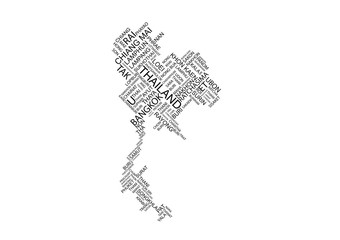 Typography map of Thailand with its provinces in English positioned based on approximate geographical locations in diagonal direction