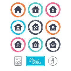 Fototapeta premium Real estate icons. Home insurance, maternity hospital and wifi internet signs. Restaurant, service and air conditioning symbols. Report document, information icons. Vector