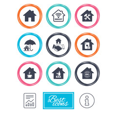 Real estate icons. House insurance, broker and casino with bar signs. Handshake deal, coffee and smart house symbols. Report document, information icons. Vector
