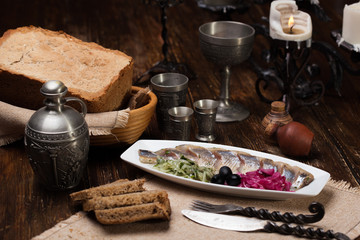 Herring with onions and black olives cabbage