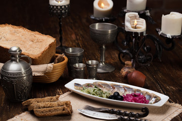 Herring with onions and black olives cabbage
