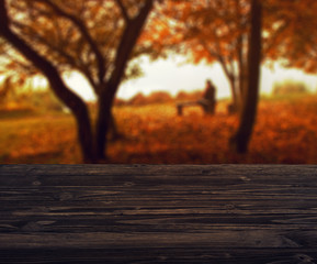 Naklejka na ściany i meble Empty wood table top on blur background of the golden autumn. For montage product display
