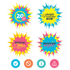 Shopping night, black friday stickers. Information icons. Stop prohibition and attention caution signs. Approved check mark symbol. Special offer. Vector
