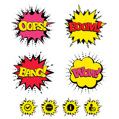 Comic Boom, Wow, Oops sound effects. Information icons. Stop prohibition and user blacklist signs. Approved check mark symbol. Speech bubbles in pop art. Vector